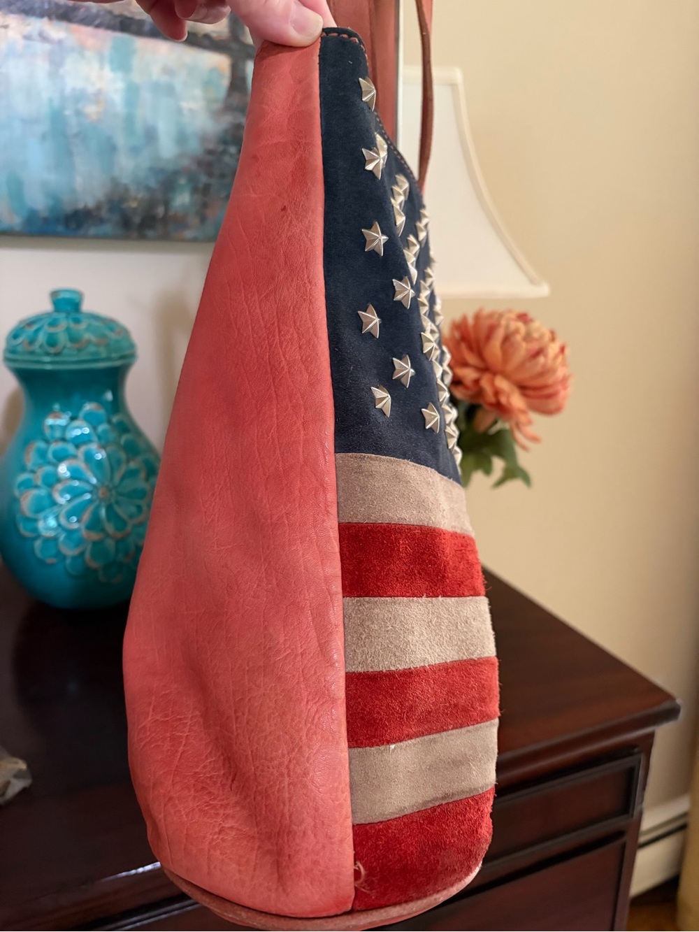 Scully vintage American Flag suede and leather zip top tote bag and NWT scarf - Picture 5 of 14